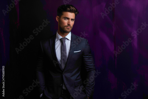 A sophisticated male model, with flawless grooming, standing against a luxurious purple solid wall background, exuding confidence and charm.