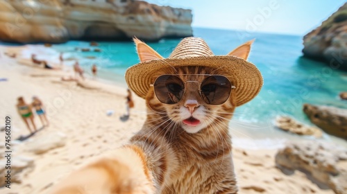 Fashionable Cat in Sunglasses and Straw Hat Captures a Selfie Moment on a Vibrant Beach with Majestic Rocky Cliffs and Crystal Clear Turquoise Waters in the Background