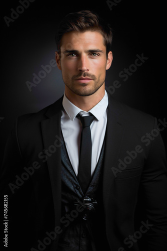 A vision of refinement, a beautiful male model in vibrant business clothes, standing against a solid background, his captivating gaze immortalized by the lens of an HD camera. © Shani