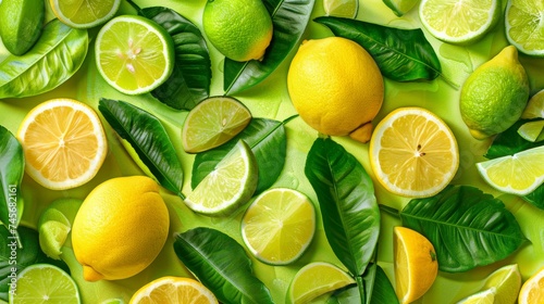 Lemons and limes with green leaves on a green background Creative food summer citrus fruits banner panorama wallpaper  seamless pattern texture  Top view of many fresh lemons