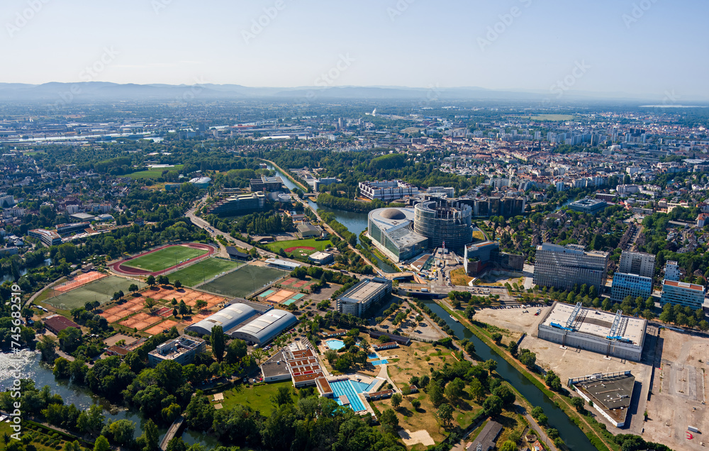 Strasbourg, France. Panorama of the city on a summer day. Sunny weather. Aerial view