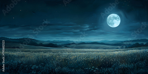 A midnight sky illuminated by a bright full moon,Bright Full Moon in Midnight Sky.