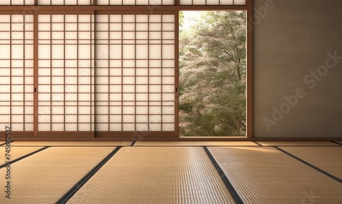 Empty traditional Japanese style room with tatami mat floor in sunlight from wood shoji blind window on tatami mat floor, wall for interior design decoration, architecture, product, Generative AI 