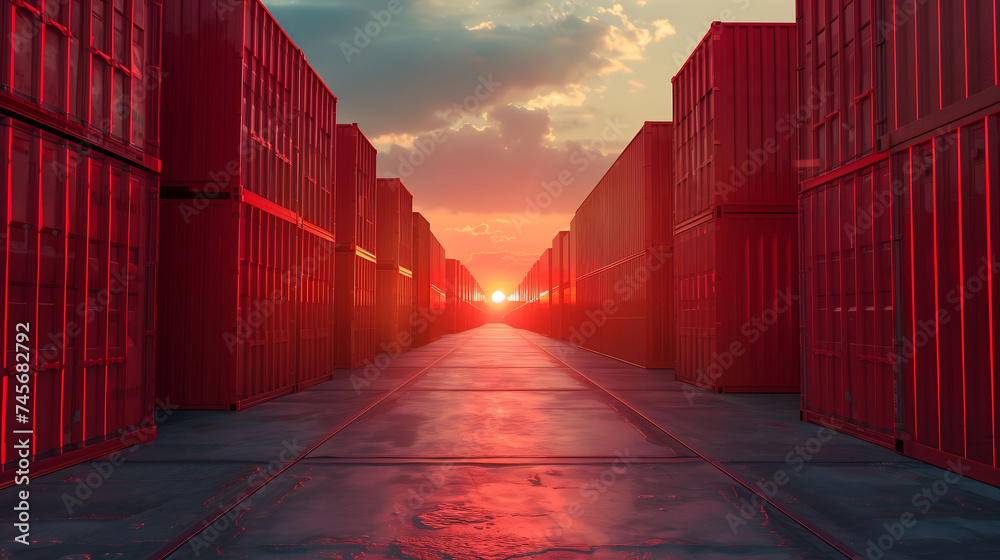 Stunning view of stacked red cargo containers in the storage area of freight sea port terminal, generated ai - obrazy, fototapety, plakaty 