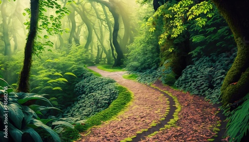 A sun-dappled path through a dense, verdant forest, with a canopy of leafy plants photo