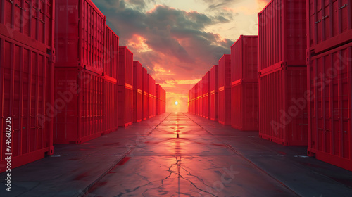 Stacked red cargo containers in the storage area of freight sea port terminal, sunset, generated ai