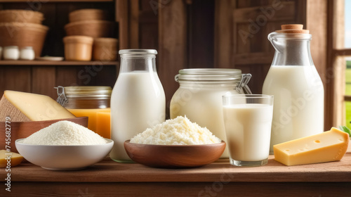 A variety of fresh dairy products, milk, cottage cheese, cheese, on a wooden table