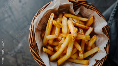 Homemade fried potato or French Fries in basket. © sirins