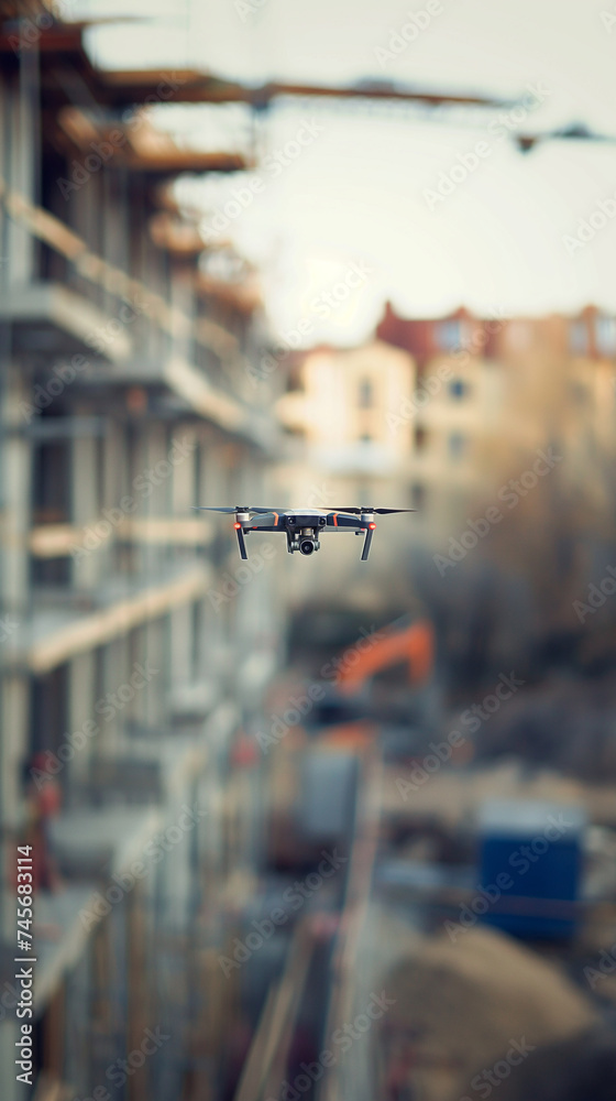 a drone inside a construction site blurred background