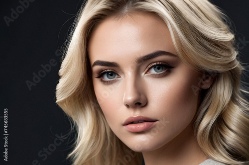 Close up portrait satisfied young woman, posing at dark gray background, looking at camera. Emotional face of lovely blonde lady isolated on blank studio wall. Human emotions concept. Copy text space