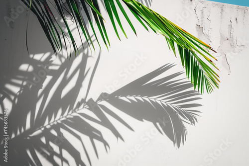 palm tree leaf casting shadow on clear white wall