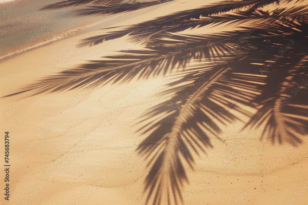 shadows of palm trees on a clear beach sand, empty space for text (3)
