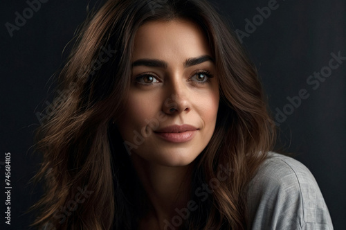 Close up portrait unhappy woman with grinning look, posing at dark gray background, looking. Emotional face of lovely lady isolated on blank studio wall. Human emotions concept. Copy text space