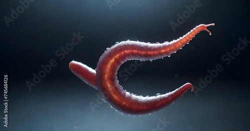 A detailed close-up of an earthworm wriggling on a fish hook submerged in water, showcasing the creature's anatomy and survival instinct.