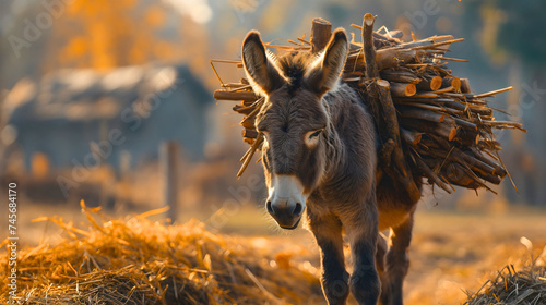 Donkey or mule carrying a heavy load pack, domestic farm animal transport, walking in the rural village or countryside outdoors on a sunny day. 