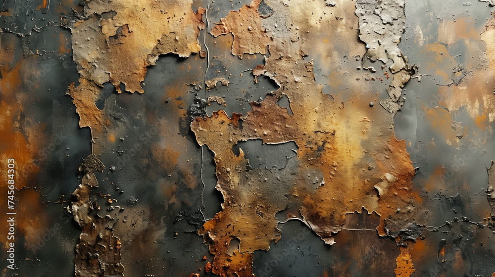 Close up of a deteriorating wall showing layers of old, peeling paint with rust textures and cracks. Close up of a deteriorating wall showing layers of old, peeling paint with rust textures and cracks.