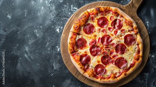 Pepperoni Pizza with Mozzarella cheese, salami. Italian pizza. Delicious fast food. Close-up. Copy space.