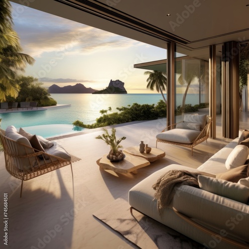 Luxury terrace with breath-taking view of the sea lagoon. Generative AI © Picture Perfect