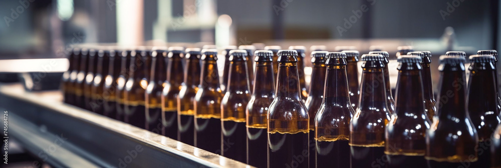 Bottles of beer on a conveyor belt. Brewery production line concept