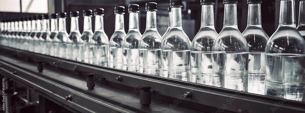 Bottles of vodka on a conveyor belt. Distillery production line concept