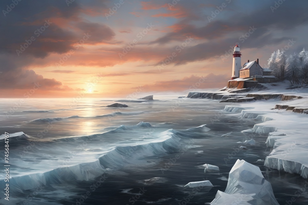 Winter Lighthouse Sunset Glow - obrazy, fototapety, plakaty 