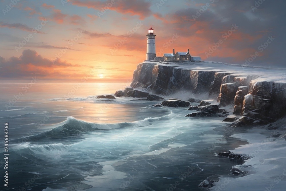 Winter Lighthouse Sunset Glow