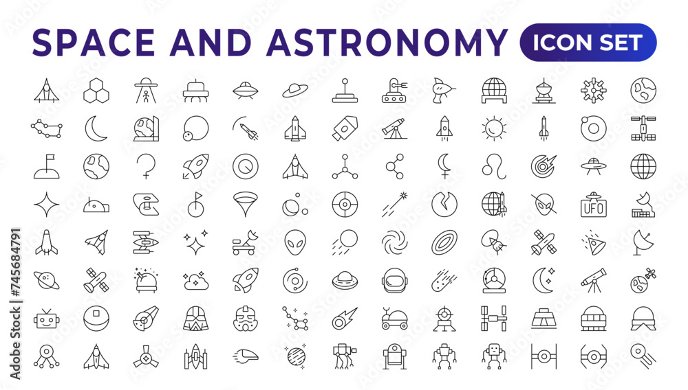 Astronomy icon set. Containing satellites, the universe, astronauts, rocket, comet, telescopes, and planet icons.space Vector Line Icons, thin line style. Contains such Icons as space, planets, alien,