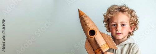 A little blond boy stands holding a homemade cardboard rocket in his hands and imagines himself traveling through space. Banner with space for text
