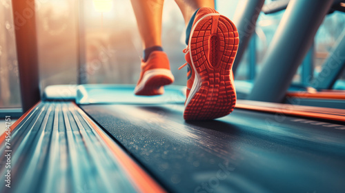 Closeup of feet running on treadmills at gym.
