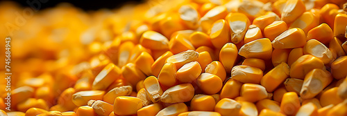 Close-up of corn kernels falling, pile of corn. Banner photo