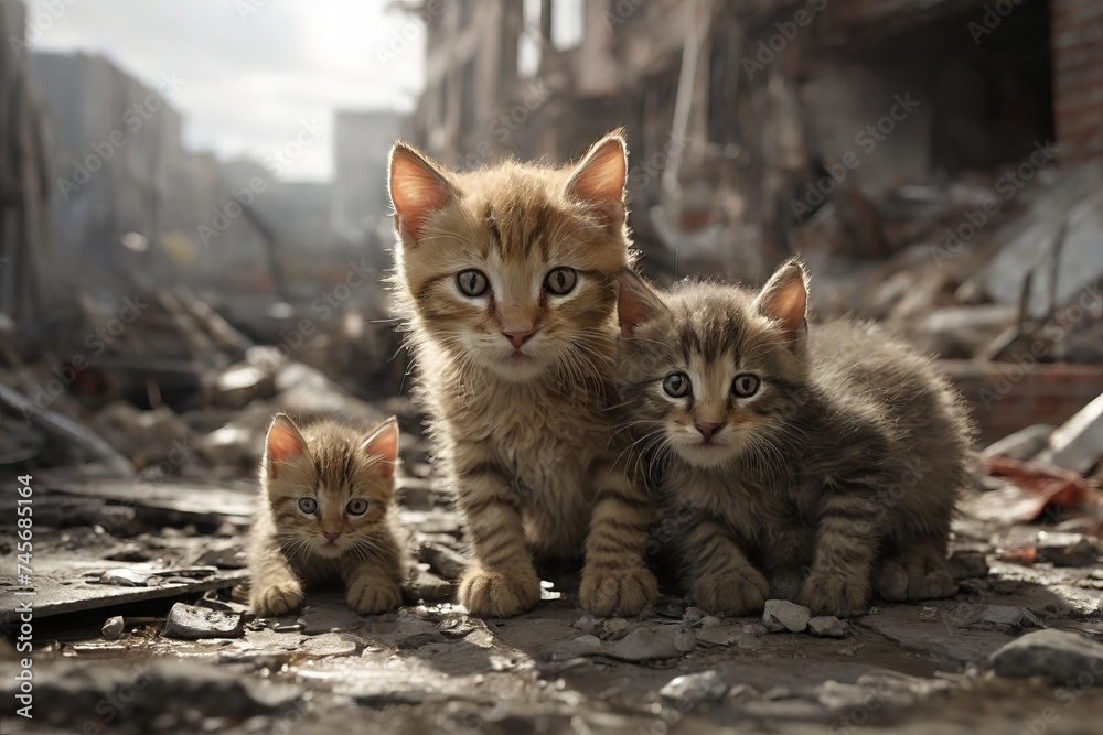 Cat Family Amidst Ruins