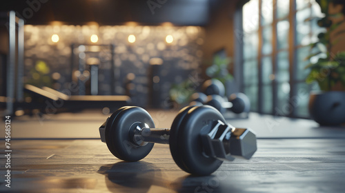Dumbbells on the floor in concept fitness room with training equipments in the back.