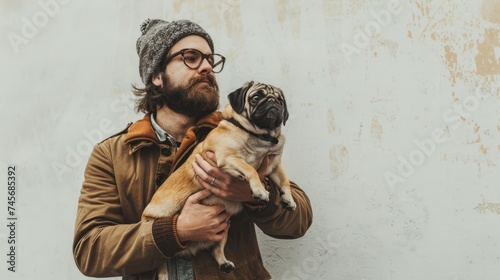 A brutal man holds a pug dog in his arms against the background of a wall. On the right there is space for text