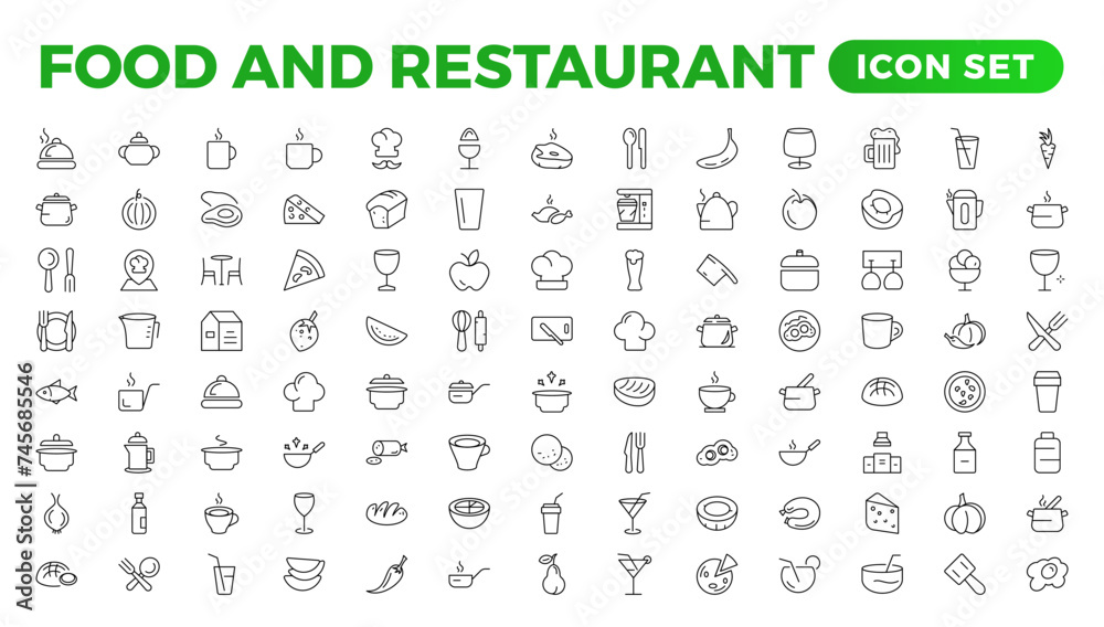 Food icon collection. Containing meal, restaurant, dishes, and fruit icons. Set of outline icons related to food and drink. Linear icon collection. Outline icons such as drink water,apple leaf,pack. Food icon collection. Containing meal, restaurant, dishes, and fruit icons. Set of outline icons related to food and drink. Linear icon collection. Outline icons such as drink water,apple leaf,pack.