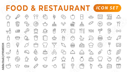 Food icon collection. Containing meal, restaurant, dishes, and fruit icons. Set of outline icons related to food and drink. Linear icon collection. Outline icons such as drink water,apple leaf,pack.