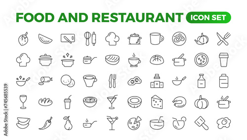 Food icon collection. Containing meal, restaurant, dishes, and fruit icons. Set of outline icons related to food and drink. Linear icon collection. Outline icons such as drink water,apple leaf,pack.