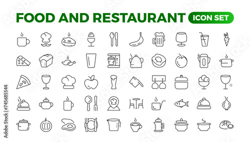 Food icon collection. Containing meal, restaurant, dishes, and fruit icons. Set of outline icons related to food and drink. Linear icon collection. Outline icons such as drink water,apple leaf,pack.