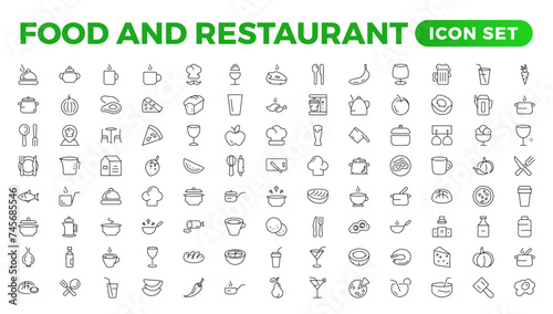 Food icon collection. Containing meal, restaurant, dishes, and fruit icons. Set of outline icons related to food and drink. Linear icon collection. Outline icons such as drink water,apple leaf,pack.