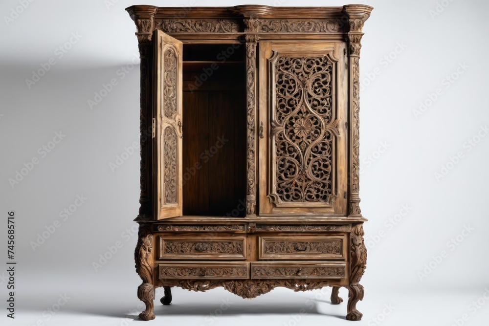 Fototapeta premium A vintage brown wooden cabinet with a closed door complements the warm interior design of the home