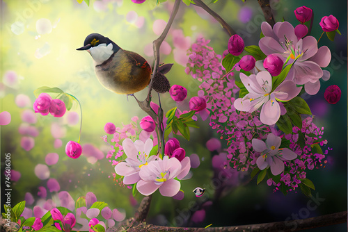 Spring out cherry blossoms background, ai render. photo