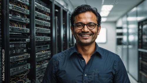 Ingegnere informatico di origini indiane vestito con una camicia sorride in sala server
