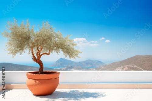 Olive tree in terra cotta clay pot on white terrace under clear blue sky with beautiful mountains view. Summer vacation conceptual background. Generative AI