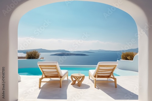 Two deck chairs on terrace with pool with stunning sea view. Traditional Mediterranean white architecture with arch. Summer vacation concept. Generative AI © Picture Perfect