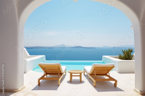 Two deck chairs on terrace with pool with stunning sea view. Traditional mediterranean white architecture with arch. Summer vacation concept. Generative AI