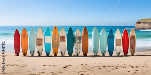 Array of vibrant surfboards resting on sandy shore ready for waves. Concept Surfing, Beach photoshoot, Vibrant colors, Outdoor photography, Surfboard collection