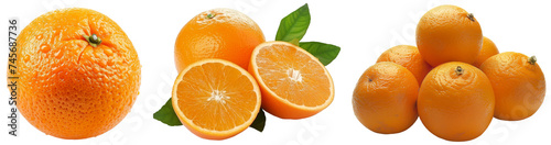 Orange fruit collection, a single one and as a group, isolated on a transparent background