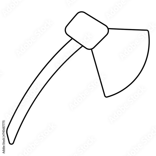 An ax is a metal tool with a wooden handle for use in the garden, at home, and outdoors. Sharp weapon. Chop wood and use it in construction. Hand drawn vector illustration. Icon, element,  line.