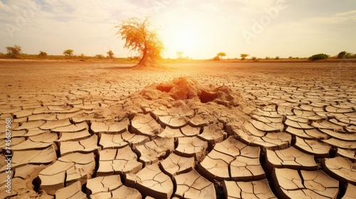Dry, cracked earth. Drought. Lack of water for irrigation. Agricultural industry.The ground is covered with cracks in the top view for a background or graphic design with the concept of drought. photo