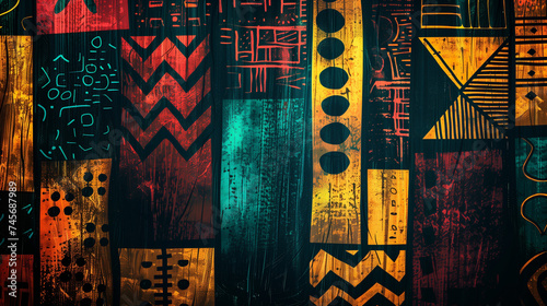 Abstract ancient african tribal elements pattern with ethnic, Maya,Aztec ornaments decoration , with african tribal face isolated on dark background