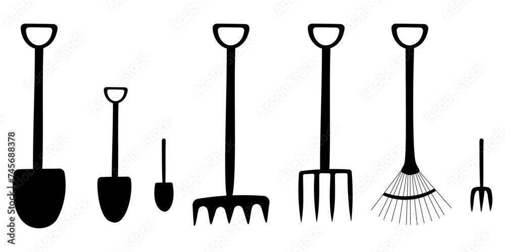 set of gardening tools. Rakes, pitchforks, shovels, brooms. Plant care. set of gardening tools. Rakes, pitchforks, shovels, brooms. Plant care.